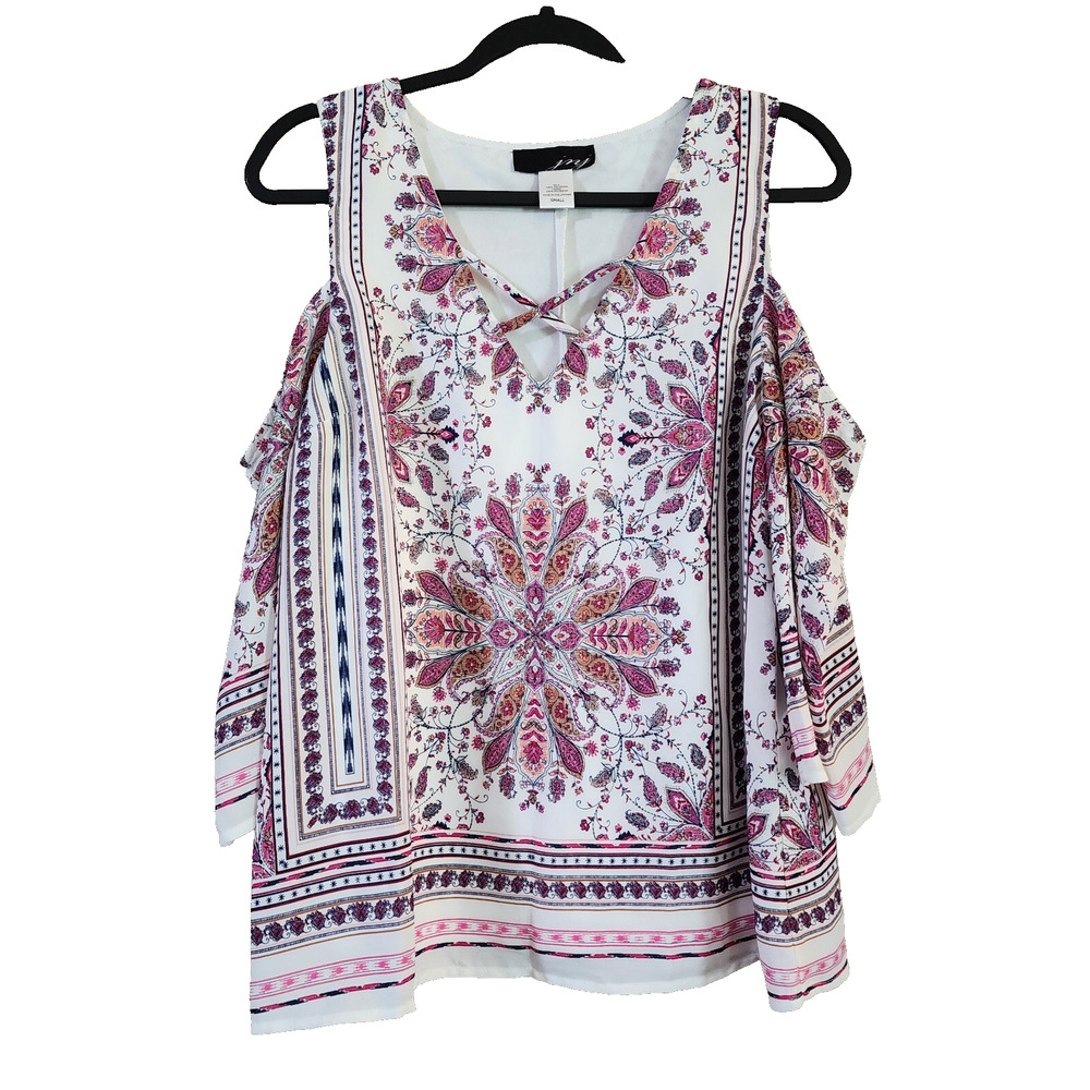 JNJ Womens Pullover Blouse Size S White Pink Cold Shoulder V-Neck Lined
